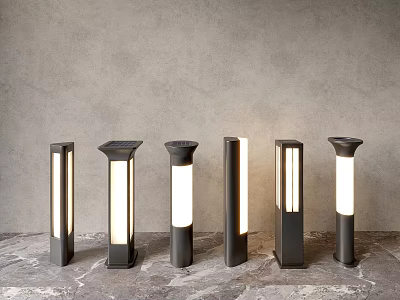 Modern Outdoor Lights Standing With Various Designs On Stone Floor And Illuminated Warm Glow 3d model