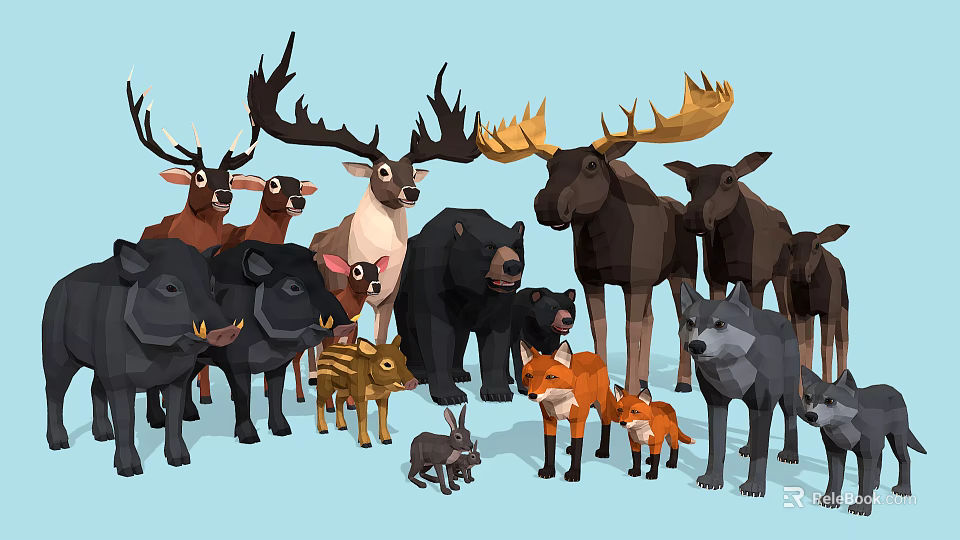 Various Wild Animals Including Deer Moose Bears Foxes Wolves And Rabbits Together 3d model 