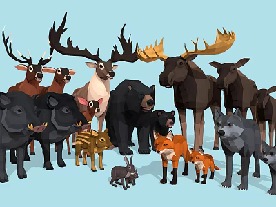 Various Wild Animals Including Deer Moose Bears Foxes Wolves And Rabbits Together 3d model