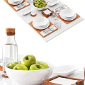 Elegant White Dinnerware Set With Plates Glasses Cutlery Green Apples And Placemats