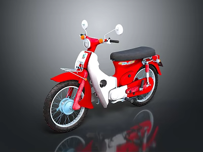 Red And White Retro Motorcycle With Black Seat Side Mirrors And Reflective Surface 3d model