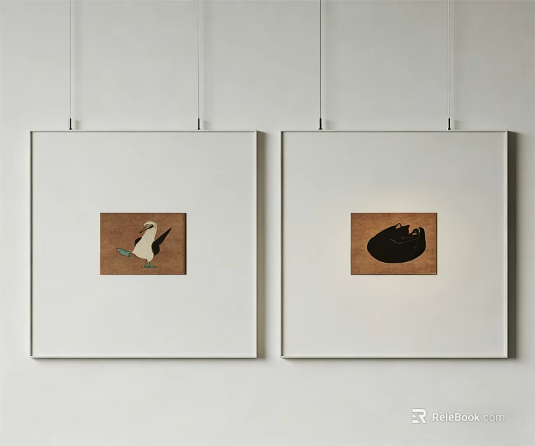 Two White Framed Abstract Paintings With Brown Background And Abstract Shapes Hanging on Wall 3d model 