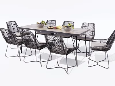 Modern Wooden Dining Table Set With Rattan Chairs And Decorative Fruit Bowls 3d model