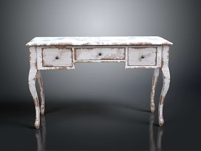 Vintage White Distressed Desk With Three Drawers And Curved Legs 3d model