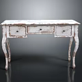 Vintage White Distressed Desk With Three Drawers And Curved Legs