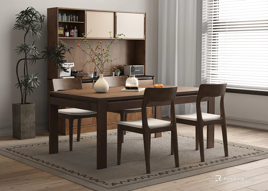 Modern Dining Table with Wooden Chairs Vase Flowers Fruits and Green Plant Near Window Blinds 3d model 