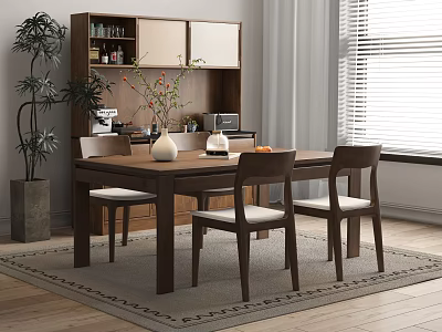 Modern Dining Table with Wooden Chairs Vase Flowers Fruits and Green Plant Near Window Blinds 3d model