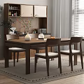 Modern Dining Table with Wooden Chairs Vase Flowers Fruits and Green Plant Near Window Blinds