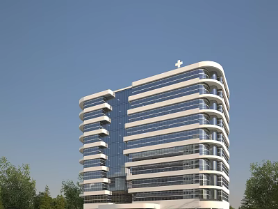 Modern Hospital Building With Glass Facade White Exterior Cross On Top Surrounded By Trees 3d model
