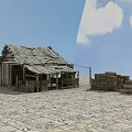 Old Wooden House With Hay Bales Crates Stone Paved Ground And Blue Sky Clouds