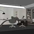 Modern Office Interior With Curved Desk Two Ergonomic Chairs Bookshelf And Floor Lamp
