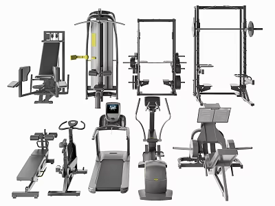 Essential Sports Equipment Including Exercise Bench Treadmill Rower And Squat Rack 3d model