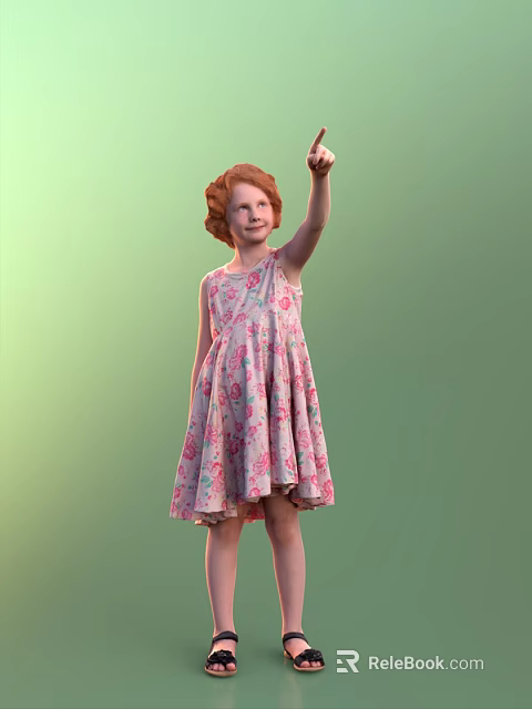 Red Haired Girl In Pink Floral Dress Raising One Hand Against Green Background 3d model 