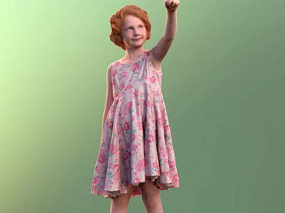 Red Haired Girl In Pink Floral Dress Raising One Hand Against Green Background 3d model