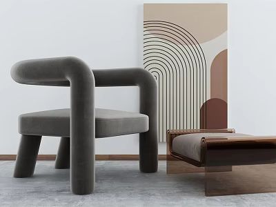 Modern Gray Velvet Accent Chair In Living Room Interior With Side Table And Abstract Artwork 3d model
