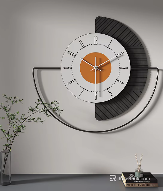 Modern Decorative Wall Clock Featuring Orange Dial Black Frame And Metal Bracket For Living Room Decor 3d model 