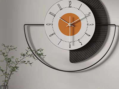 Modern Decorative Wall Clock Featuring Orange Dial Black Frame And Metal Bracket For Living Room Decor 3d model