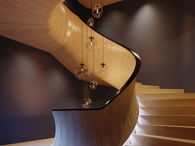 Modern Spiral Staircase With Wooden Curved Design And Glass Pendant Lights 3d model
