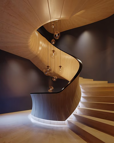 Modern Spiral Staircase With Wooden Curved Design And Glass Pendant Lights 3d model