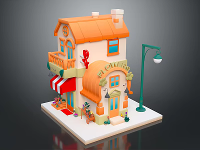 Cute Cartoon Scene With Small House Orange Roof BLOOM Sign Balcony Street Lamp And Flowers 3d model
