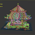 Traditional Pavilion Model Featuring Thatched Roof Wooden Structure Stones Water Purple Center And Mossy Ground