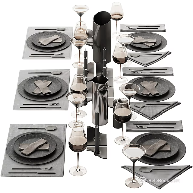 Modern Dinnerware Set with Black Plates Folded Napkins Wine Glasses and Cutlery 3d model 
