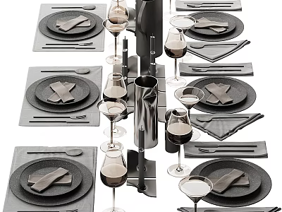 Modern Dinnerware Set with Black Plates Folded Napkins Wine Glasses and Cutlery 3d model