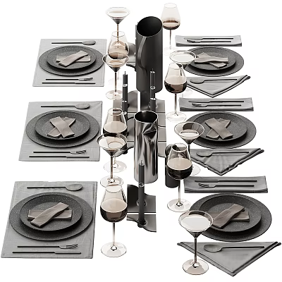 Modern Dinnerware Set with Black Plates Folded Napkins Wine Glasses and Cutlery 3d model