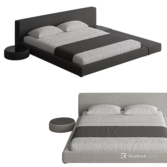 Modern Double Bed With Upholstered Headboard Striped Linens White Pillows And Round Nightstand 3d model 