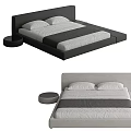 Modern Double Bed With Upholstered Headboard Striped Linens White Pillows And Round Nightstand