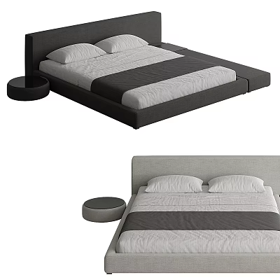 Modern Double Bed With Upholstered Headboard Striped Linens White Pillows And Round Nightstand 3d model