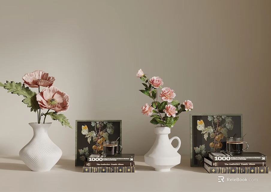 Decorative White Vases With Pink Flowers And Paintings On Stacked Books Against Light Wall 3d model 