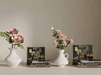 Decorative White Vases With Pink Flowers And Paintings On Stacked Books Against Light Wall 3d model
