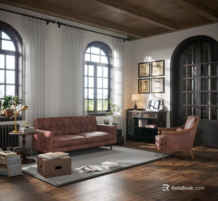 Cozy Living Room Interior With Pink Sofa Armchair Wooden Floor And Arch Windows 3d model 