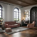 Cozy Living Room Interior With Pink Sofa Armchair Wooden Floor And Arch Windows