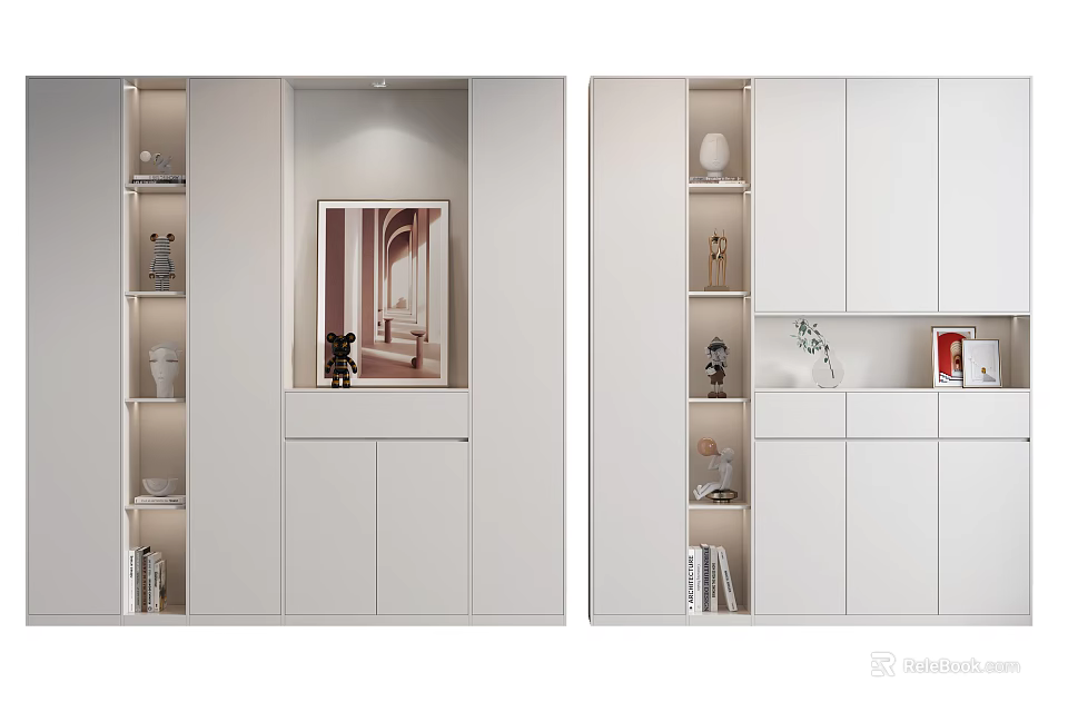 Modern White Shoe Cabinet With Storage Shelves And Decorative Display Areas 3d model 