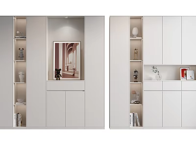 Modern White Shoe Cabinet With Storage Shelves And Decorative Display Areas 3d model
