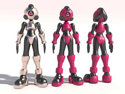 Three Robot Game Characters 3D Model Design With Pink And Black Armor 3d model
