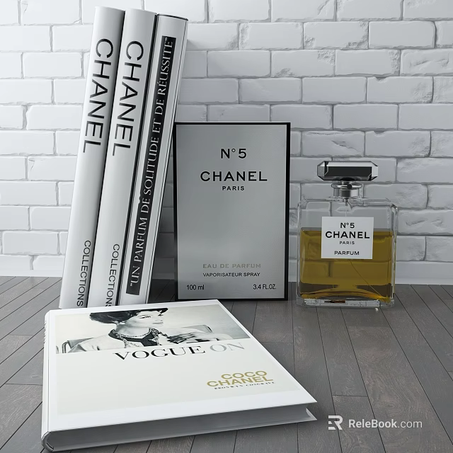 Fashionable Chanel Books Vogue Magazine with N°5 Perfume Bottle on Wooden Floor Against Brick Wall 3d model 
