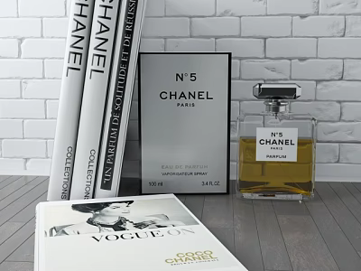 Fashionable Chanel Books Vogue Magazine with N°5 Perfume Bottle on Wooden Floor Against Brick Wall 3d model