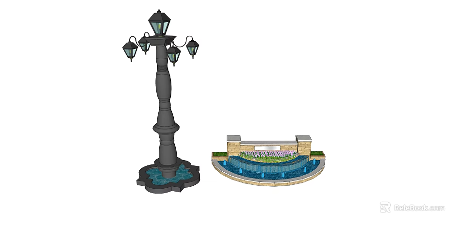 Decorative Garden Ornaments Featuring Black Lamppost With Multiple Lanterns And Circular Stone Fountain 3d model 