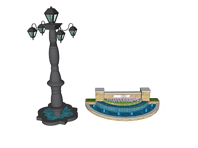 Decorative Garden Ornaments Featuring Black Lamppost With Multiple Lanterns And Circular Stone Fountain 3d model