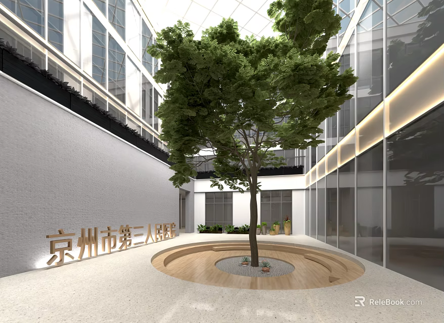 Modern Hospital Courtyard With Large Tree And Glass Facade White Wall Building 3d model 