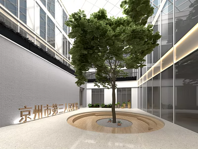 Modern Hospital Courtyard With Large Tree And Glass Facade White Wall Building 3d model