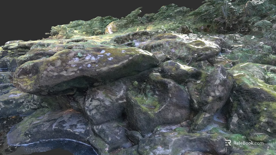 Natural Moss Covered Stone Rocks With Green Vegetation And Water Elements 3d model 