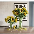Bright Yellow Sunflowers In Glass Vases With Scattered Petals On Table And Decorative Wall
