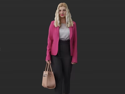 Blonde woman wearing pink blazer white top striped pants holding beige handbag against gray background 3d model