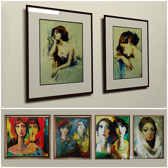 Artistic Photo Wall With Multiple Female Portrait Paintings And Diverse Artworks 3d model 