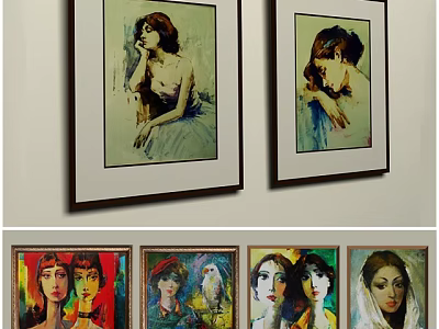 Artistic Photo Wall With Multiple Female Portrait Paintings And Diverse Artworks 3d model