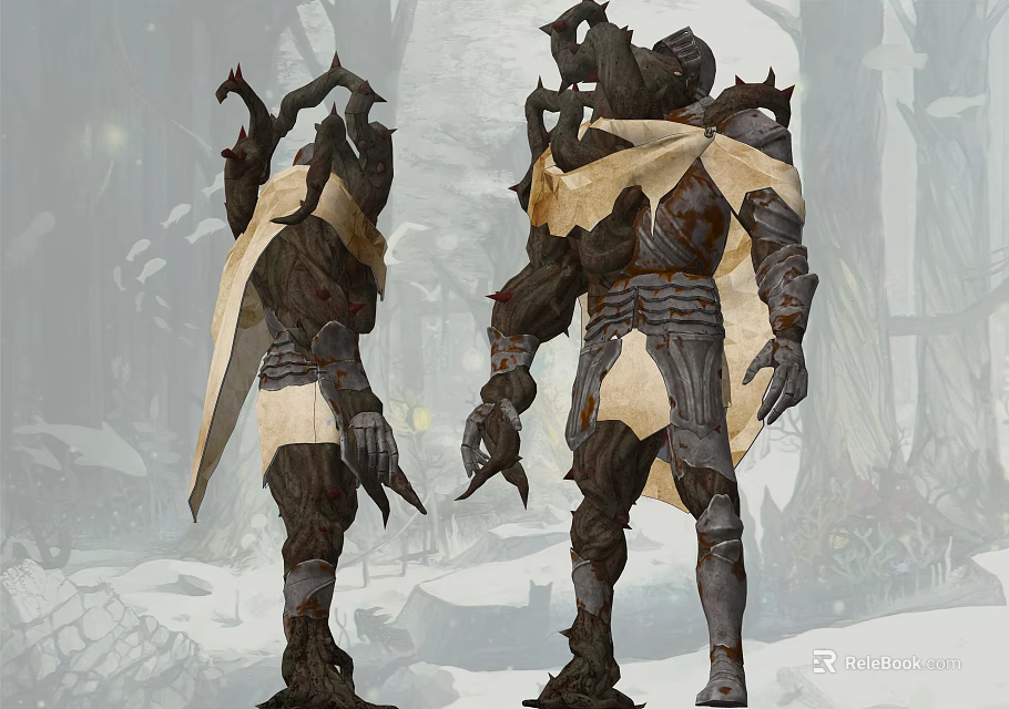 Dark Fantasy Game Character With Spiked Armor Tattered Cape And Horned Helmet 3d model 